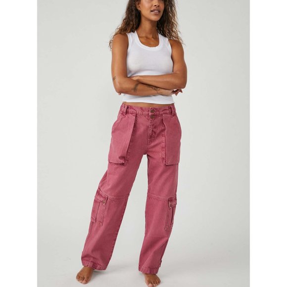 NWT Free People Marx Slouchy Cargo Jeans / Berry - Picture 6 of 7